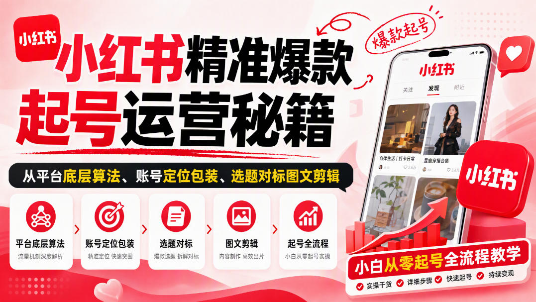 小红书精准爆款起号运营秘籍，从平台底层算法、账号定位包装、选题对标图文剪辑，小白从零起号全流程-翌晨科技网