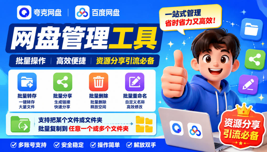 夸克网盘批量文件重命名，批量转存、批量分享、批量复制，内置AI功能-翌晨科技网