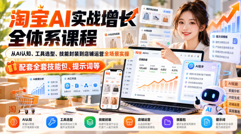 淘宝AI实战增长全体系课程，从AI认知、工具选型、技能封装到店铺运营全场景实操，配套全套技能包、提示词等-翌晨科技网