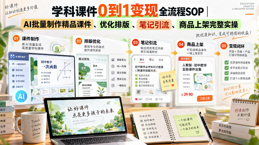 学科课件0到1变现全流程SOP｜AI批量制作精品课件、优化排版、笔记引流、商品上架完整实操​-翌晨科技网