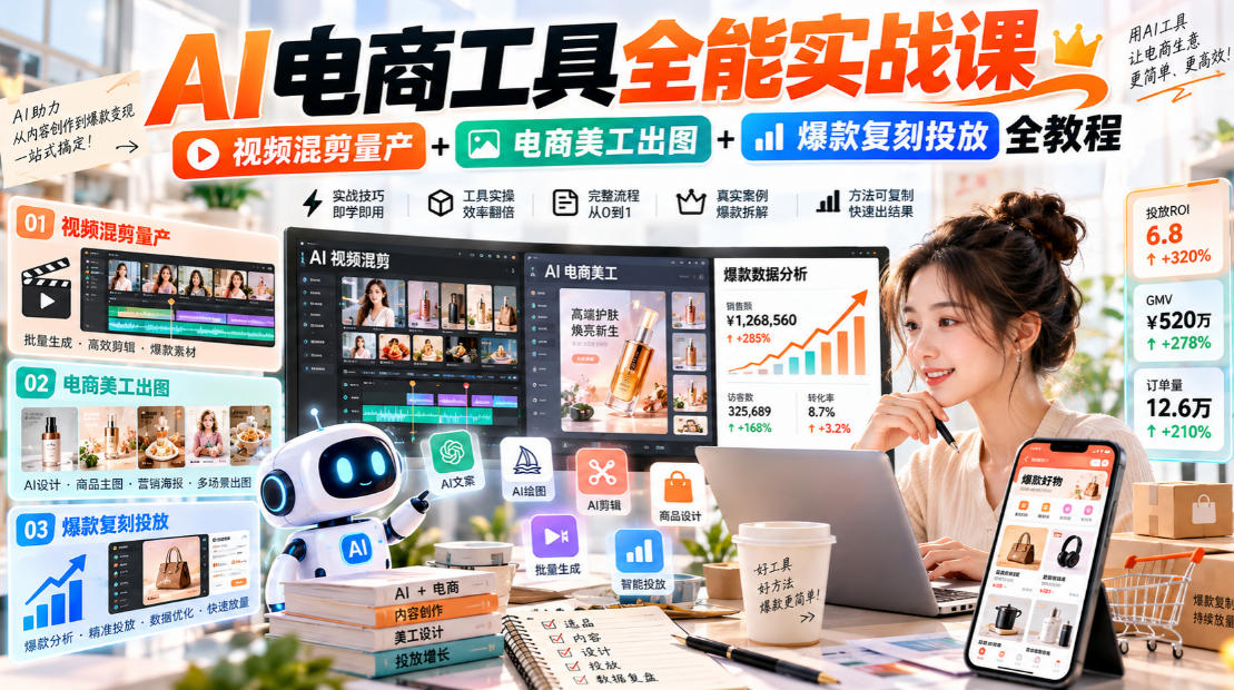 AI电商工具全能实战教学，视频混剪量产+电商美工出图+爆款复刻投放全教程​-翌晨科技网