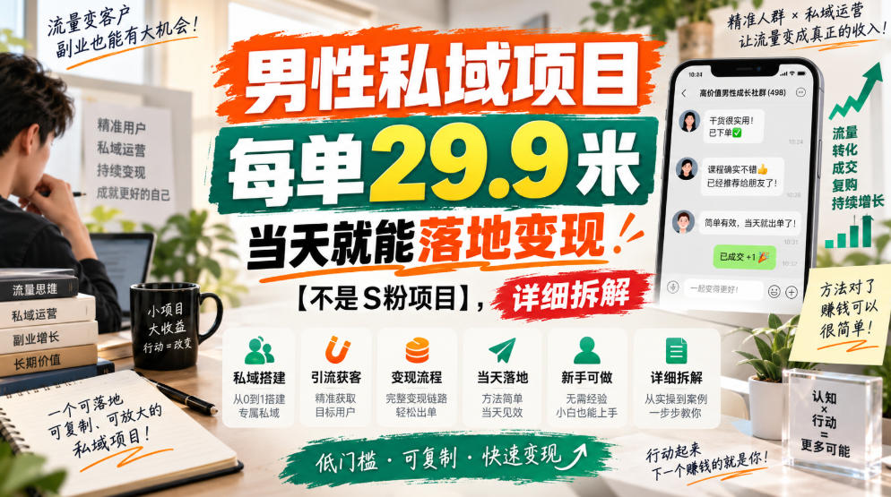 男性私域项目，每单29.9米，当天就能落地变现【不是S粉项目】，详细拆解-翌晨科技网