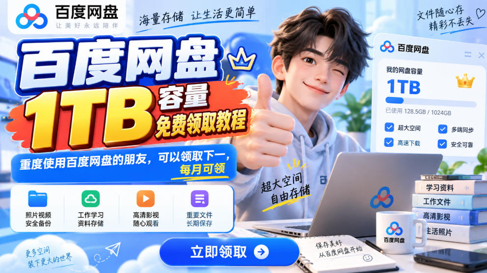 百度网盘1TB容量免费领取教程，重度使用百度网盘的朋友，可以领取下一，每月可领-翌晨科技网