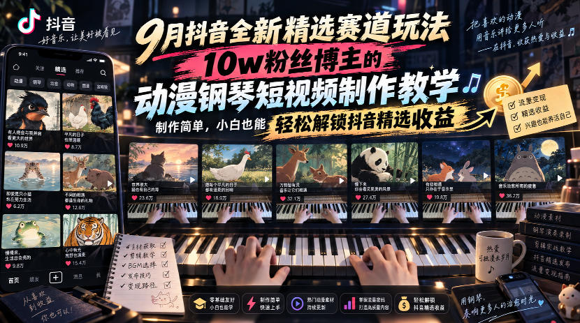 9月抖音全新精选赛道玩法，10w粉丝博主的动漫钢琴短视频制作教学，制作简单，小白也能轻松解锁抖音精选收益-翌晨科技网