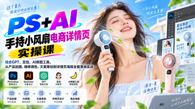 PS+AI手持小风扇电商详情页实操课｜结合GPT、豆包、AI修图工具，从产品拍摄、精修调色、文案策划到详情页海报全套落地实战-翌晨科技网