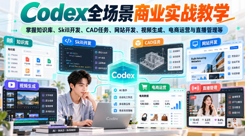 【无水印】Codex全场景商业实战教学，掌握知识库、Skill开发、CAD任务、网站开发、视频生成、电商运营与直播管理等-翌晨科技网