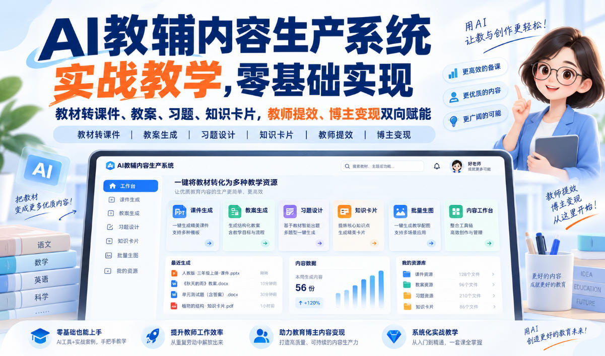 AI教辅内容生产系统实战教学，零基础实现教材转课件、教案、习题、知识卡片，教师提效、博主变现双向赋能-翌晨科技网
