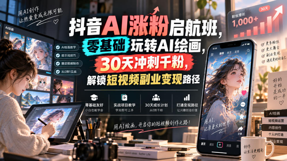 抖音AI涨粉启航班，零基础玩转AI绘画，30天冲刺千粉，解锁短视频副业变现路径-翌晨科技网