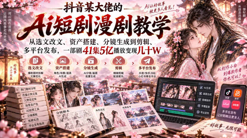 抖音某大佬的Ai短剧漫剧教学，从选文改文、资产搭建、分镜生成到剪辑、多平台发布，一部剧41集5亿播放变现几十W-翌晨科技网