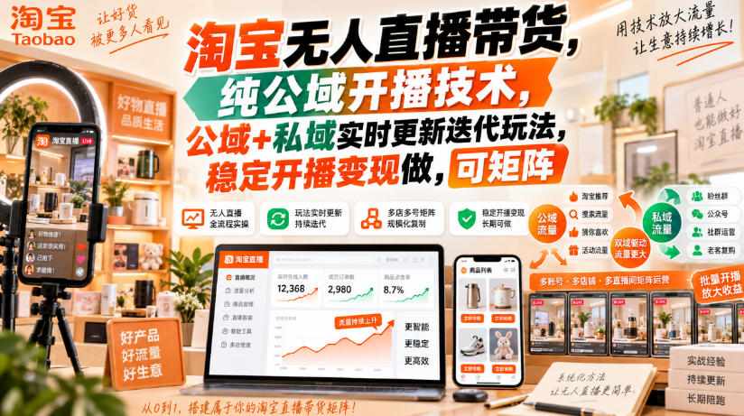 淘宝无人直播带货，纯公域开播技术，公域+私域实时更新迭代玩法，稳定开播变现做，可矩阵【揭秘】-翌晨科技网
