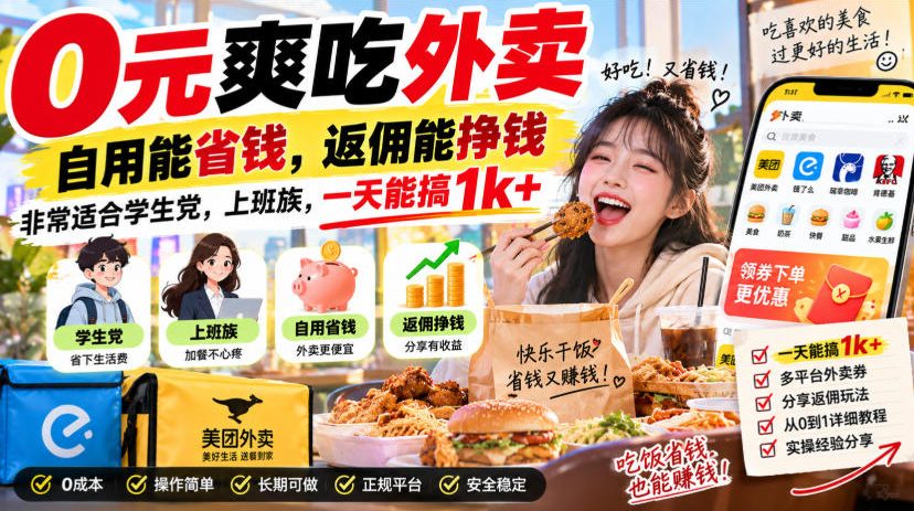 0元爽吃外卖，自用能省钱，返佣能挣钱，非常适合学生党，上班族，一天能搞1k+-翌晨科技网