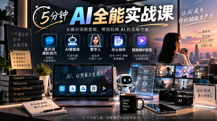 5分钟AI全能实战课｜提示词高阶技巧+AI智能体+数字人+办公创作+短视频IP变现全教程-翌晨科技网