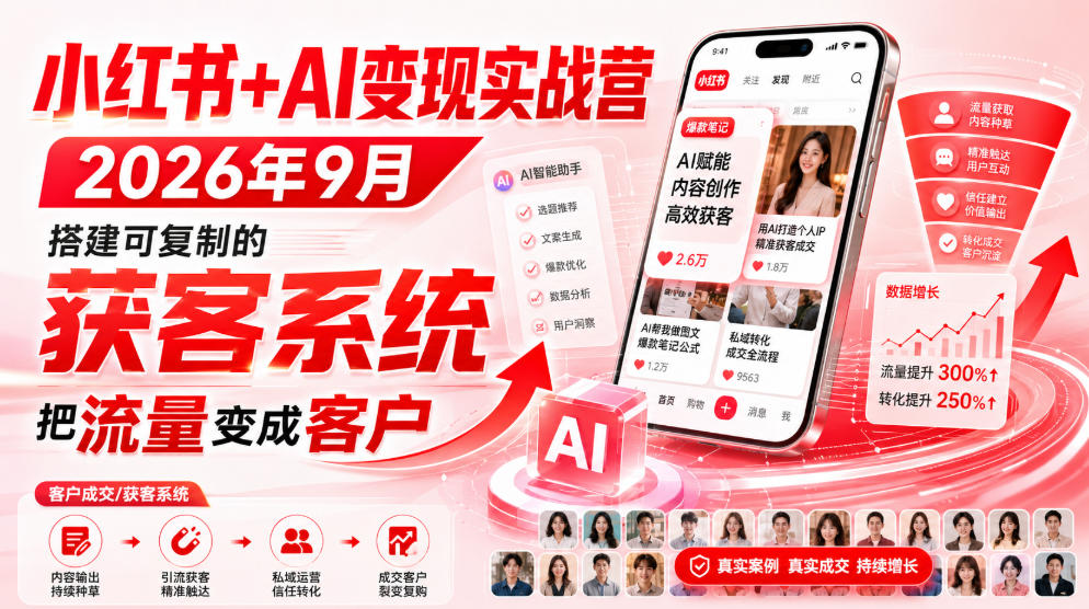 小红书+AI变现实战营2026年9月，搭建可复制的获客系统，把流量变成客户！-翌晨科技网