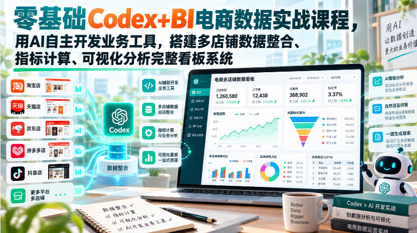 零基础Codex+BI电商数据实战课程，用AI自主开发业务工具，搭建多店铺数据整合、指标计算、可视化分析完整看板系统-翌晨科技网
