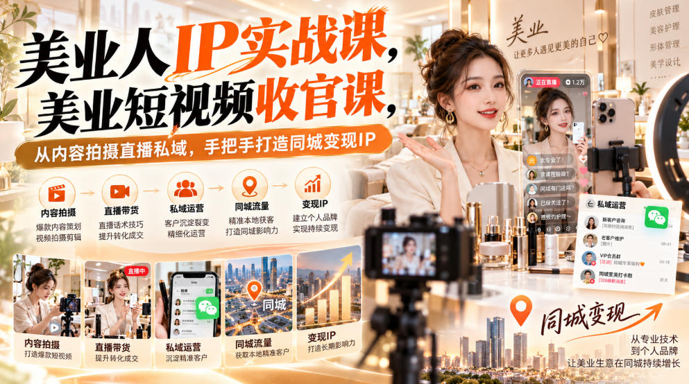 【无水印】美业人IP实战课，美业短视频收官课，从内容拍摄直播私域，手把手打造同城变现IP-翌晨科技网