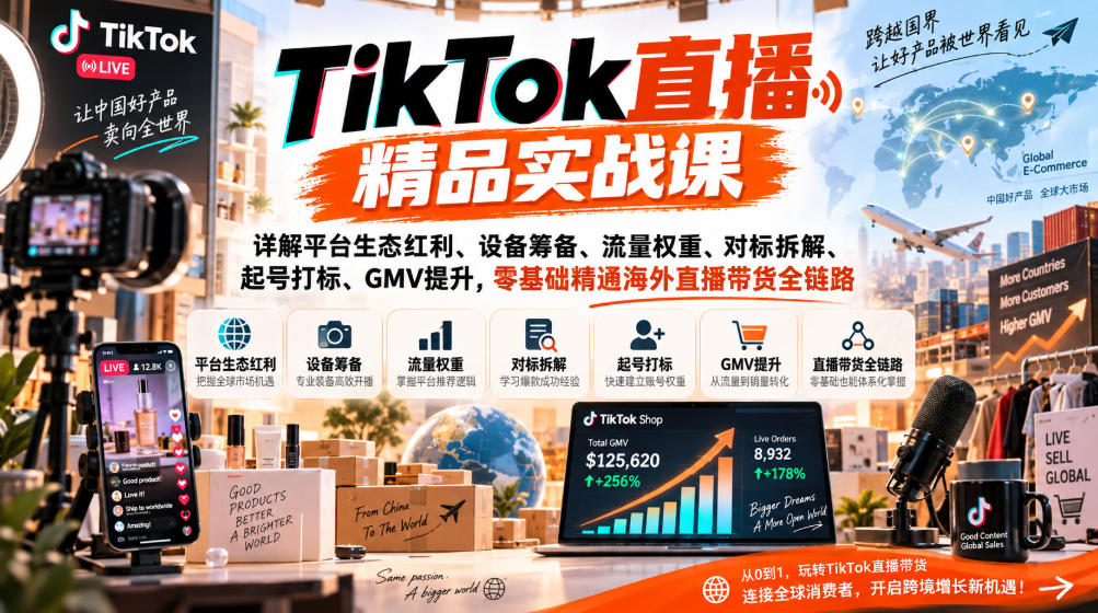 TikTok直播精品实战课，详解平台生态红利、设备筹备、流量权重、对标拆解、起号打标、GMV提升，零基础精通海外直播带货全链路-翌晨科技网
