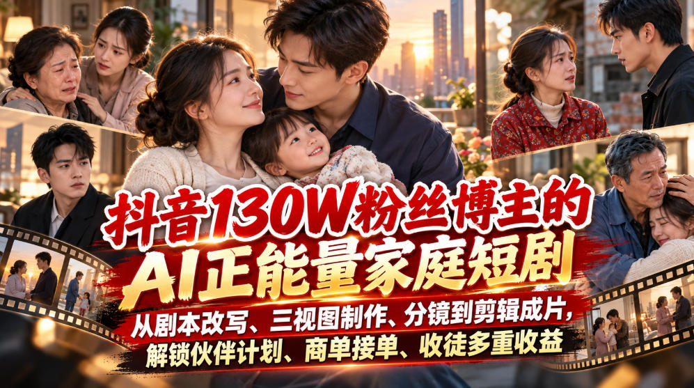 抖音130W粉丝博主的AI正能量家庭短剧，从剧本改写、三视图制作、分镜到剪辑成片，解锁伙伴计划、商单接单、收徒多重收益-翌晨科技网