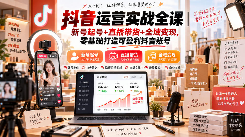 抖音运营实战全课｜新号起号+直播带货+全域变现，零基础打造可盈利抖音账号-翌晨科技网