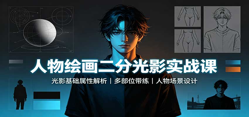 人物绘画二分光影实战课：光影基础属性解析，多部位带练，人物场景设计-翌晨科技网