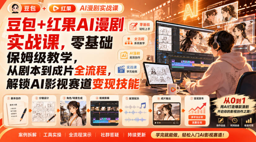豆包+红果AI漫剧实战课，零基础保姆级教学，从剧本到成片全流程，解锁AI影视赛道变现技能-翌晨科技网