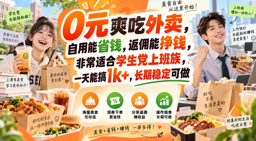 0元爽吃外卖，自用能省钱，返佣能挣钱，非常适合学生党上班族，一天能搞1k+，长期稳定可做-翌晨科技网