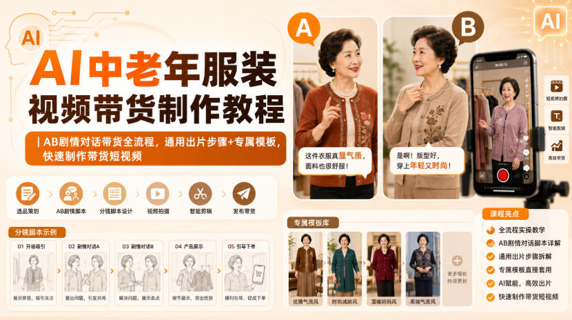AI中老年服装视频带货制作教程｜AB剧情对话带货全流程，通用出片步骤+专属模板，快速制作带货短视频-翌晨科技网
