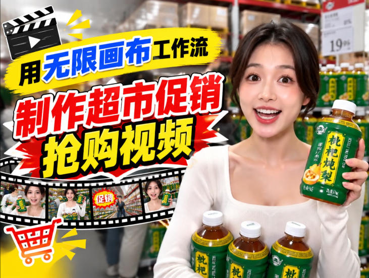 无限画布超市促销抢购视频工作流，一键产出TikTok抖音带货短视频-翌晨科技网
