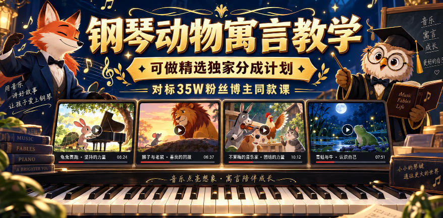 钢琴动物寓言教学，可做精选独家分成计划，对标35W粉丝博主同款课-翌晨科技网