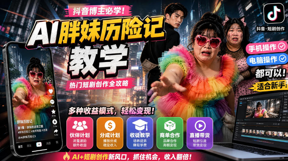 抖音博主的AI胖妹历险记教学，伙伴计划+分成计划+收徒+商单等多种收益，适合新手，手机电脑都可以操作-翌晨科技网