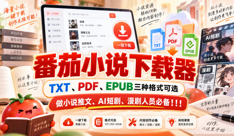 番茄小说下载器,TXT、PDF、EPUB三种格式可选,做小说推文、AI短剧、漫剧人员必备!!!-翌晨科技网