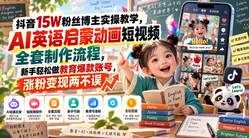 抖音15W粉丝博主实操教学，AI英语启蒙动画短视频全套制作流程，新手轻松做教育爆款账号，涨粉变现两不误-翌晨科技网
