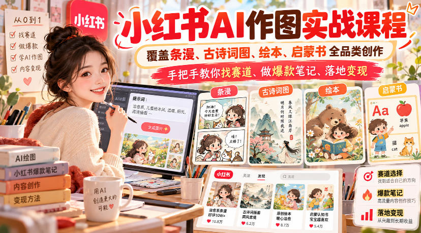 小红书AI作图实战课程，覆盖条漫、古诗词图、绘本、启蒙书全品类创作，手把手教你找赛道、做爆款笔记、落地变现-翌晨科技网