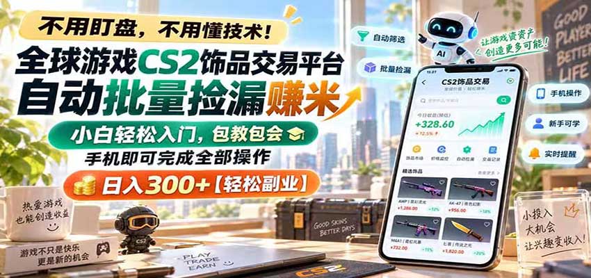 全球游戏CS2饰品交易平台自动批量捡漏赚米，手机即可完成全部操作，日入300+-翌晨科技网