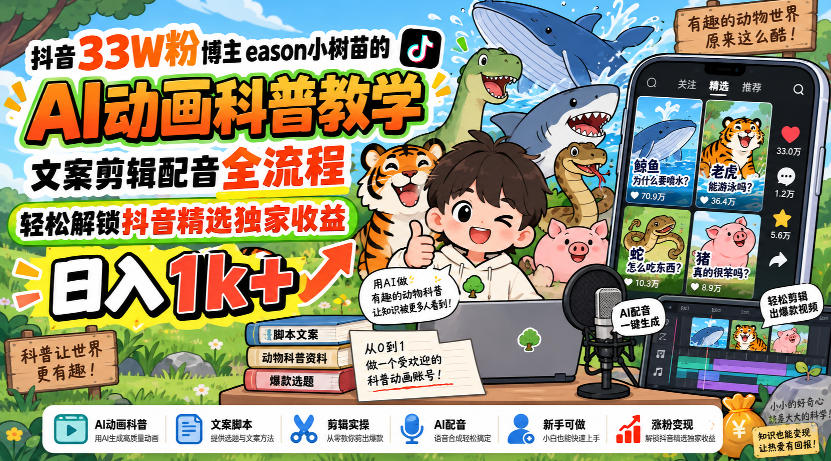 抖音33W粉博主eason小树苗的AI动画科普教学，文案剪辑配音全流程，轻松解锁抖音精选独家收益，日入1k+-翌晨科技网