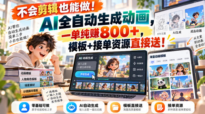 不会剪辑也能做！AI全自动生成动画，一单纯賺800+，模板+接单资源直接送！【揭秘】-翌晨科技网