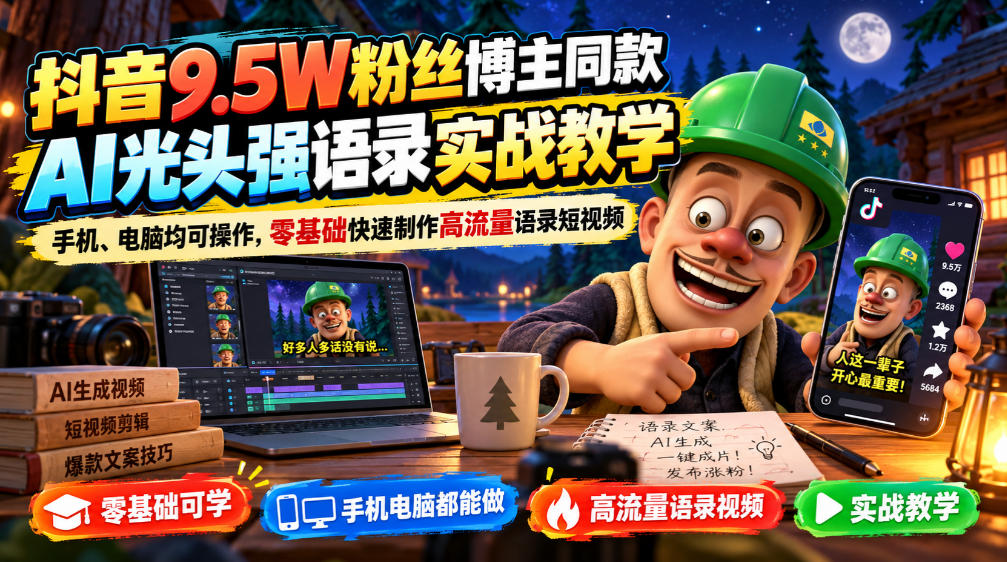 抖音9.5W粉丝博主同款AI光头强语录实战教学，手机、电脑均可操作，零基础快速制作高流量语录短视频-翌晨科技网