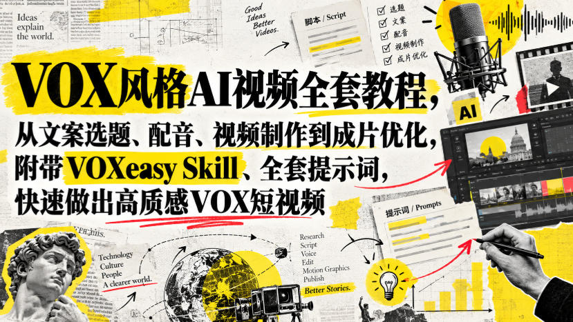 VOX风格AI视频全套教程，从文案选题、配音、视频制作到成片优化，附带VOXeasy Skill、全套提示词，快速做出高质感VOX短视频-翌晨科技网