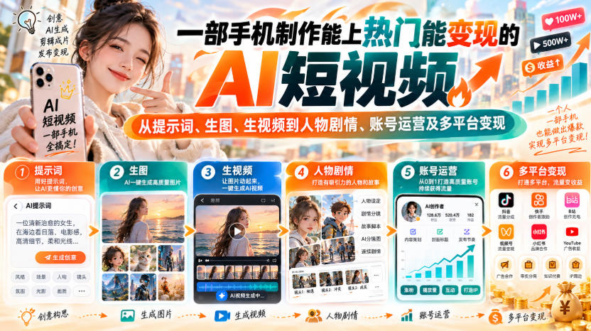 【无水印】一部手机制作能上热门能变现的AI短视频，从提示词、生图、生视频到人物剧情、账号运营及多平台变现-翌晨科技网
