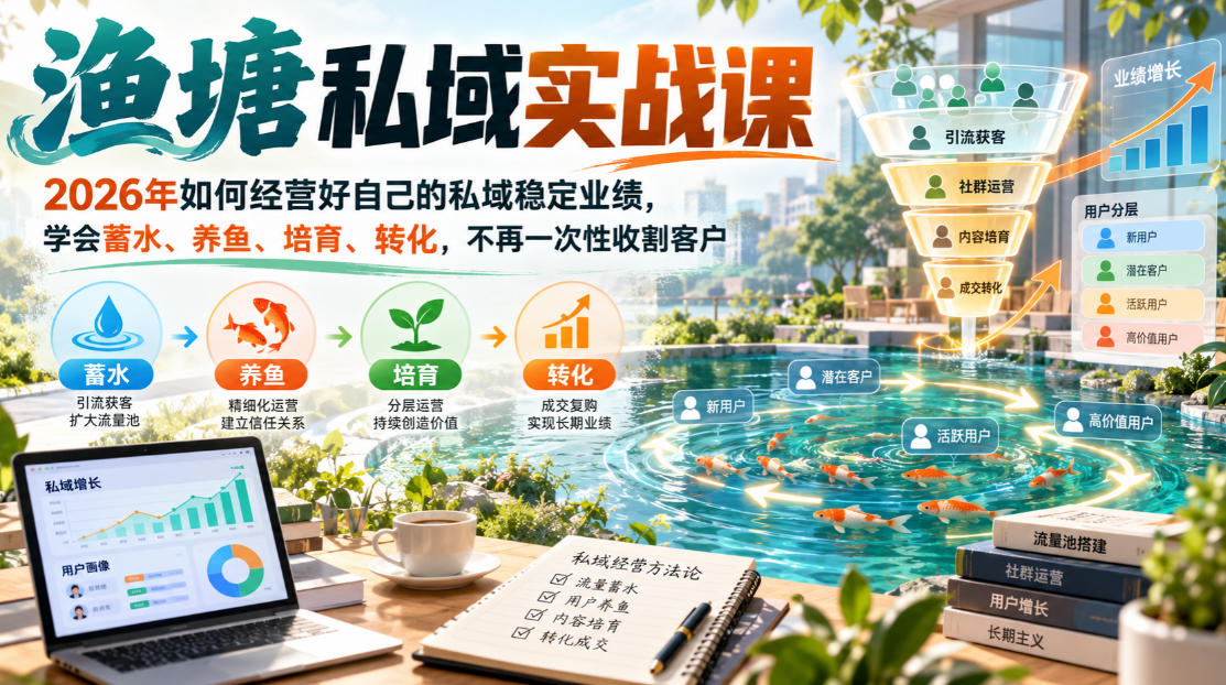 渔塘私域实战课，2026年如何经营好自己的私域稳定业绩，学会蓄水、养鱼、培育、转化，不再一次性收割客户-翌晨科技网