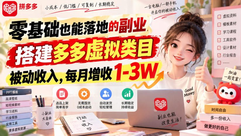零基础也能落地的副业，搭建多多虚拟类目被动收入，每月增收1-3W【揭秘】-翌晨科技网