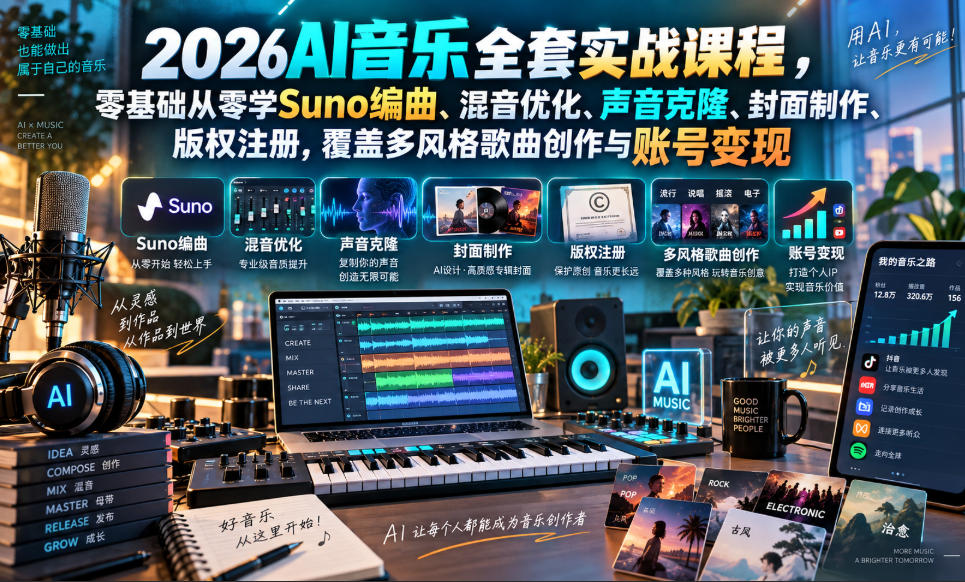 2026AI音乐实战课程，零基础从零学Suno编曲、混音优化、声音克隆、版权注册，覆盖多风格歌曲创作与账号变现-翌晨科技网