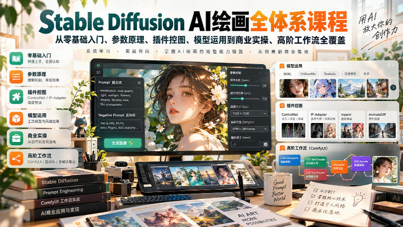【无水印】Stable Diffusion AI绘画全体系课程，从零基础入门、参数原理、插件控图、模型运用到商业实操、高阶工作流全覆盖-翌晨科技网