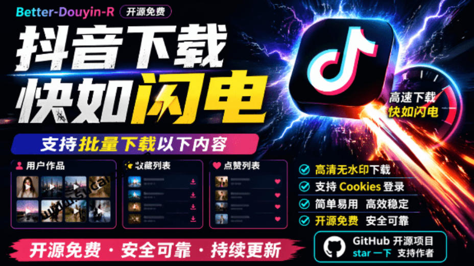 超级好用！抖音视频下载神器，支持批量下载用户作品收藏列表和点赞列表，开源完全免费Better-douyin-R-翌晨科技网