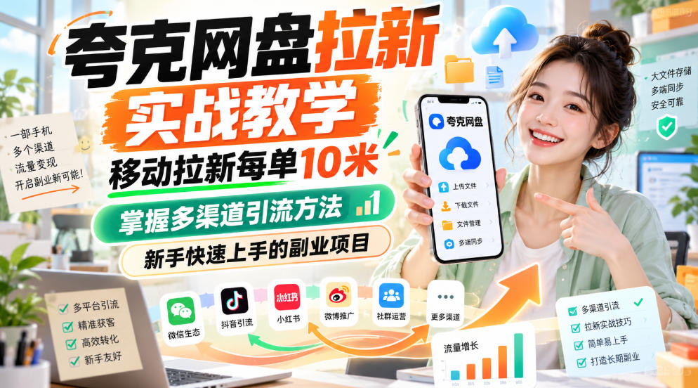 夸克网盘拉新实战教学，移动拉新每单10米，掌握多渠道引流方法，新手快速上手的副业项目-翌晨科技网