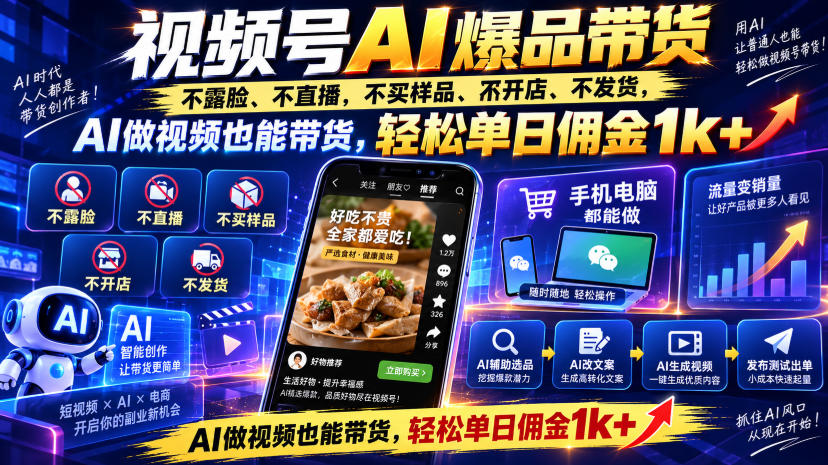 视频号Ai爆品带货，不露脸、不直播、不买样品、不开店、不发货，AI做视频也能带货，轻松单日佣金1k+-翌晨科技网