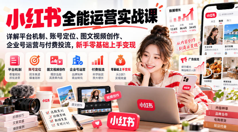 小红书全能运营实战课，详解平台机制、账号定位、图文视频创作、企业号运营与付费投流，新手零基础上手变现-翌晨科技网