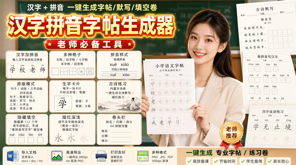 学习神器，汉字拼音字帖生成器，汉字+拼音 一键生成字帖/默写/填空卷，支持词组、成语，老师、家长必备-翌晨科技网