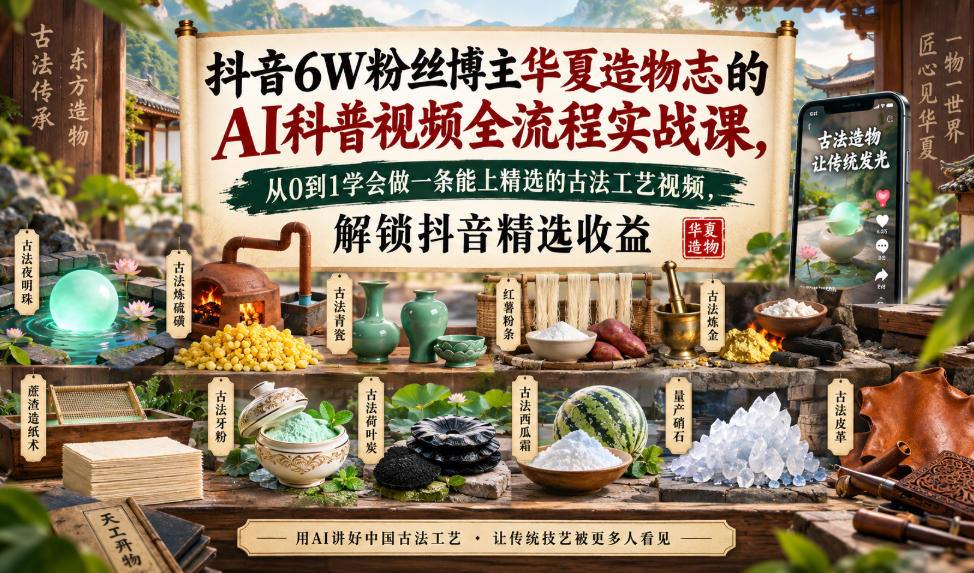 抖音6W粉丝博主华夏造物志的AI科普视频全流程实战课，从0到1学会做一条能上精选的古法工艺视频，解锁抖音精选收益-翌晨科技网