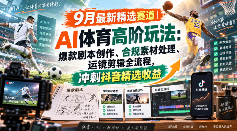 某大佬的9月最新精选赛道之AI体育顶级玩法，爆款剧本创作、版权规避、运镜剪辑全流程，稳拿抖音精选收益-翌晨科技网