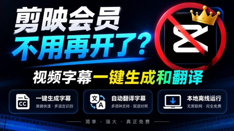 剪映会员不用再开了？视频字幕一键生成加翻译，本地离线运行，完全免费，超快速高精度，字幕大师-翌晨科技网
